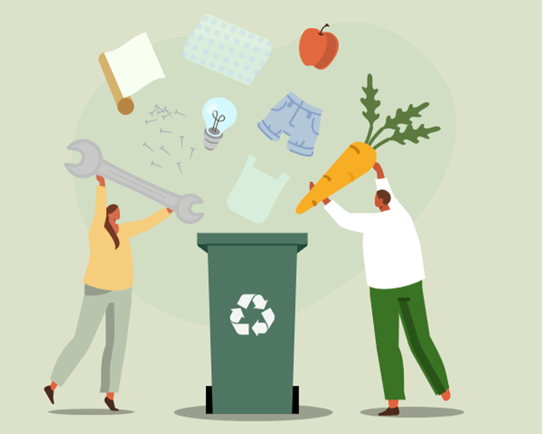Image of 2 cartoon people putting stuff into the recycling bin 
        with other objects floating around them 